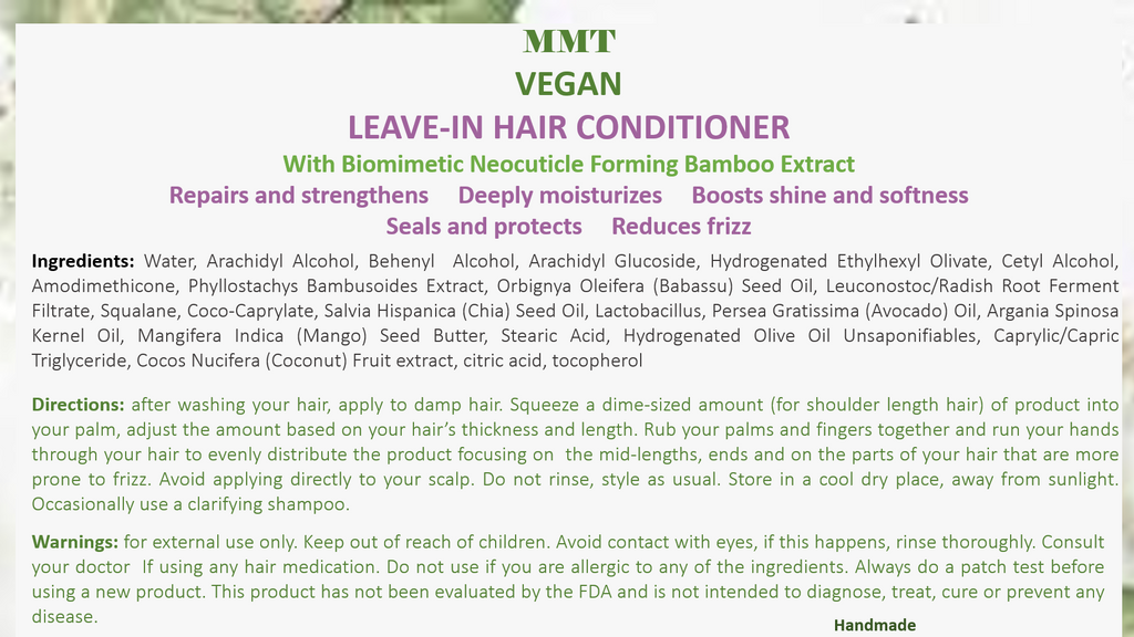 Label for MMT Vegan Leave-In Hair Conditioner with text and product details.