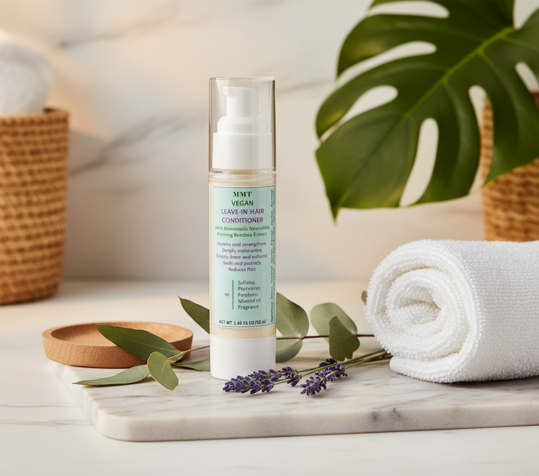 The MMT Collection Artisanal Botanical Leave-In Haircare in elegant spa setting